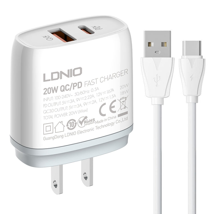 LDNIO Q229 QC3.0 / PD20W USB + Type-C Fast Charger with 1m USB to Type-C Cable, Plug Type:US Plug(White) - USB Charger by LDNIO | Online Shopping UK | buy2fix