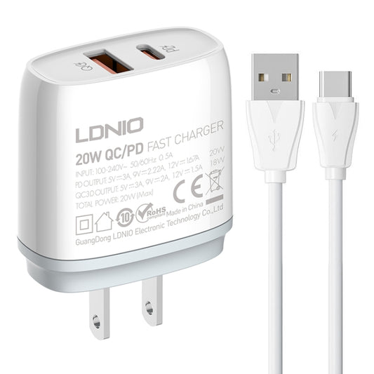 LDNIO Q229 QC3.0 / PD20W USB + Type-C Fast Charger with 1m USB to Type-C Cable, Plug Type:US Plug(White) - USB Charger by LDNIO | Online Shopping UK | buy2fix
