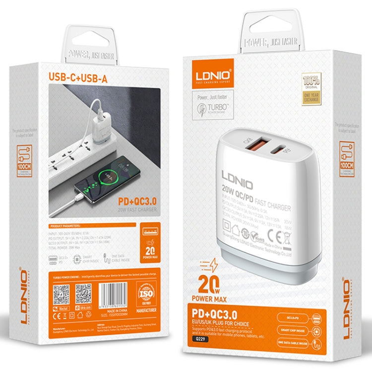 LDNIO Q229 QC3.0 / PD20W USB + Type-C Fast Charger with 1m Type-C to 8 Pin Cable, Plug Type:EU Plug(White) - USB Charger by LDNIO | Online Shopping UK | buy2fix