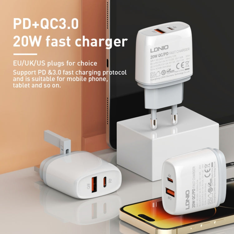 LDNIO Q229 QC3.0 / PD20W USB + Type-C Fast Charger with 1m Type-C to 8 Pin Cable, Plug Type:EU Plug(White) - USB Charger by LDNIO | Online Shopping UK | buy2fix