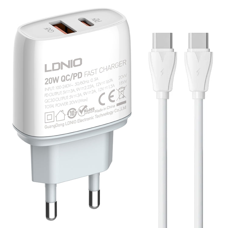 LDNIO Q229 QC3.0 / PD20W USB + Type-C Fast Charger with 1m Type-C to Type-C Cable, Plug Type:EU Plug(White) - USB Charger by LDNIO | Online Shopping UK | buy2fix