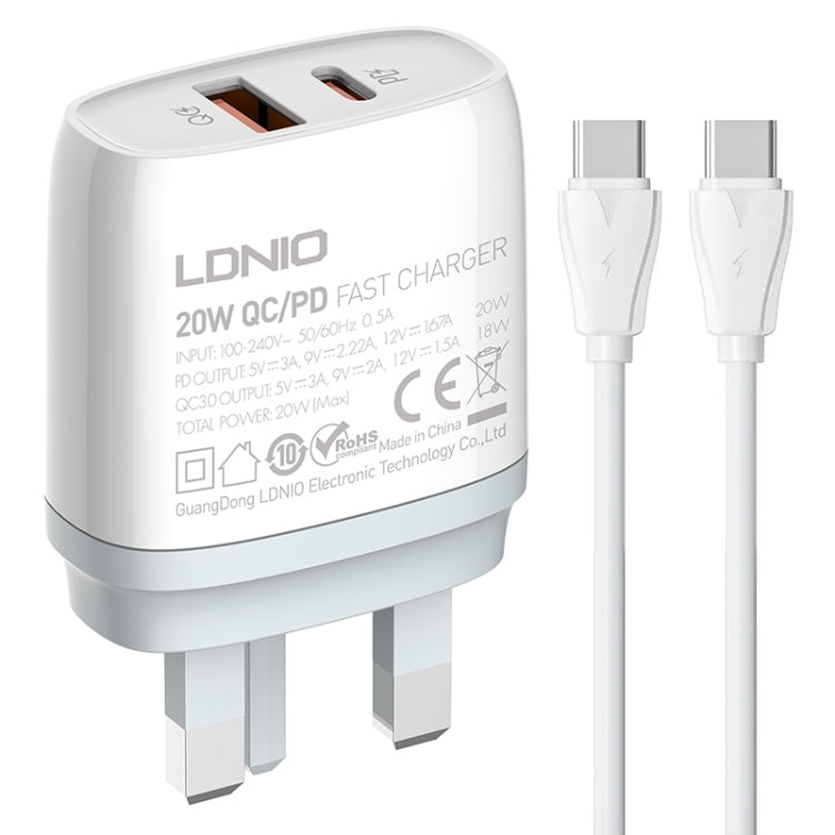 LDNIO Q229 QC3.0 / PD20W USB + Type-C Fast Charger with 1m Type-C to Type-C Cable, Plug Type:UK Plug(White) - USB Charger by LDNIO | Online Shopping UK | buy2fix