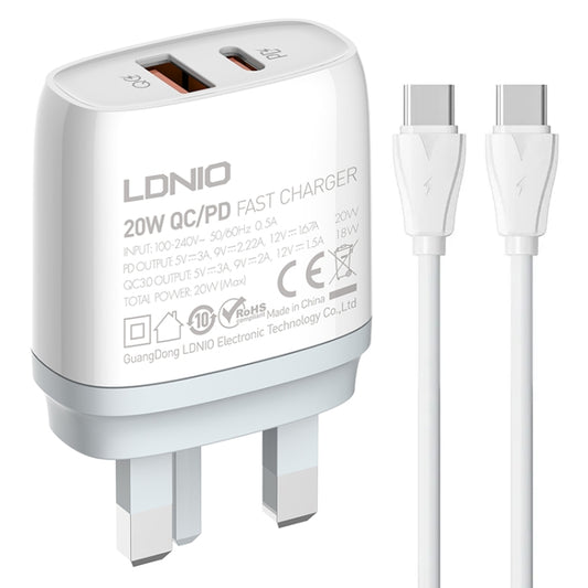 LDNIO Q229 QC3.0 / PD20W USB + Type-C Fast Charger with 1m Type-C to Type-C Cable, Plug Type:UK Plug(White) - USB Charger by LDNIO | Online Shopping UK | buy2fix