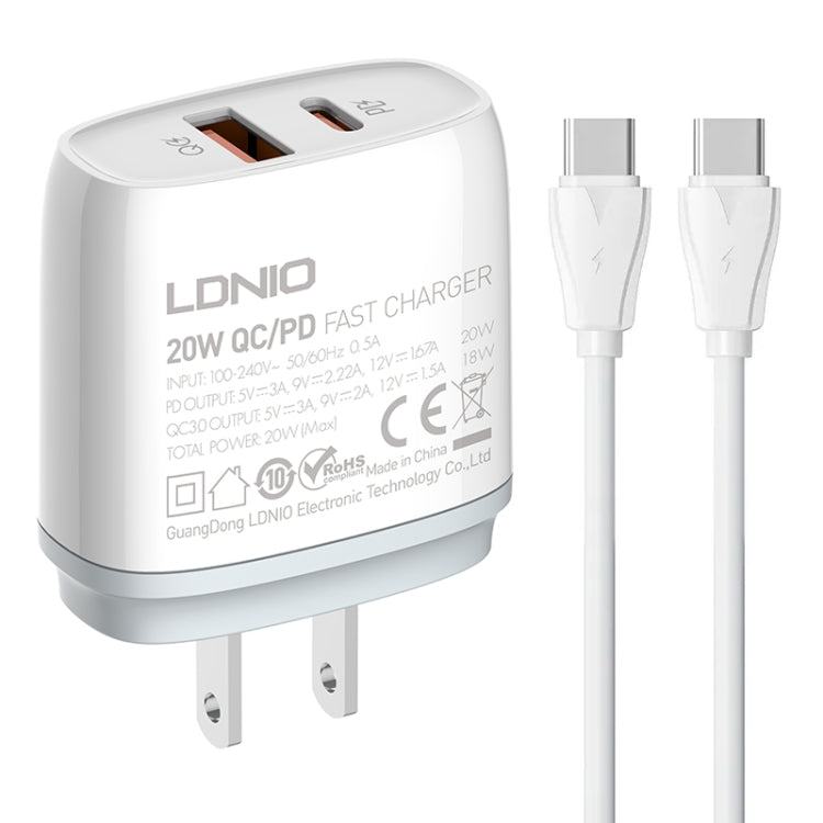 LDNIO Q229 QC3.0 / PD20W USB + Type-C Fast Charger with 1m Type-C to Type-C Cable, Plug Type:US Plug(White) - USB Charger by LDNIO | Online Shopping UK | buy2fix