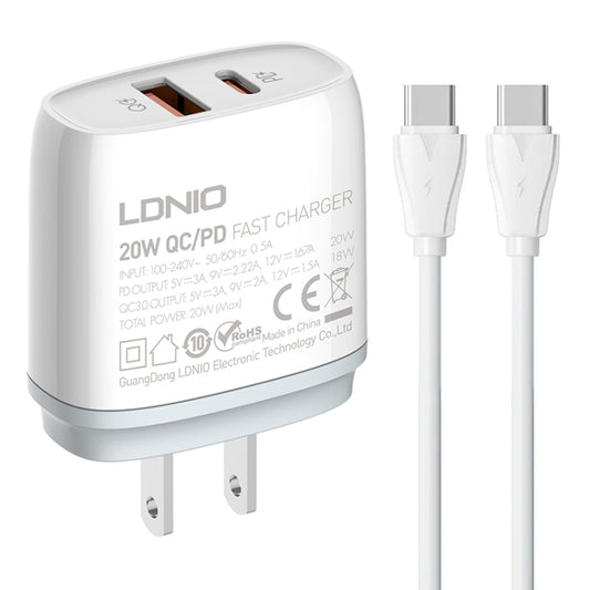 LDNIO Q229 QC3.0 / PD20W USB + Type-C Fast Charger with 1m Type-C to Type-C Cable, Plug Type:US Plug(White) - USB Charger by LDNIO | Online Shopping UK | buy2fix