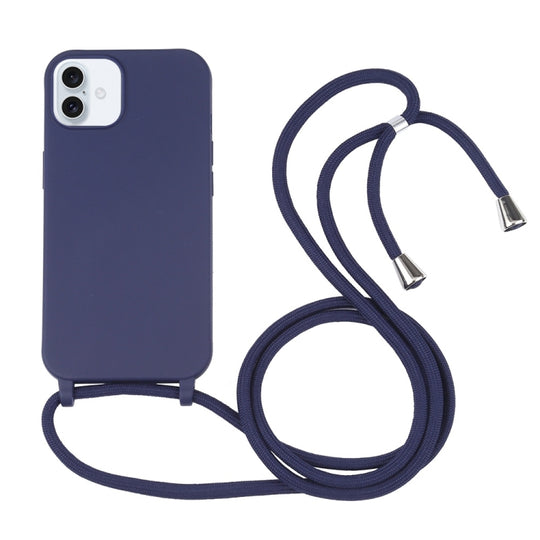 Candy Colors TPU Protective Phone Case with Lanyard For iPhone 16 Plus(Dark Blue)