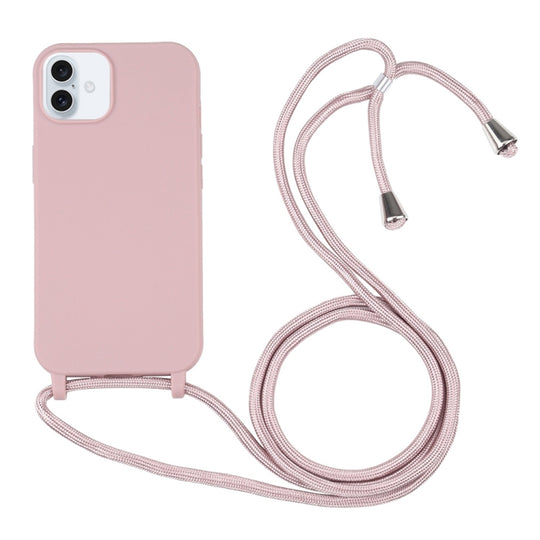 Candy Colors TPU Protective Phone Case with Lanyard For iPhone 16(Rose Gold)