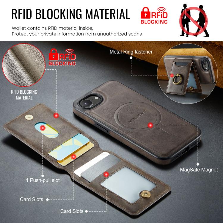 For iPhone 16e MAGKING K1 MagSafe Detachable Wallet RFID Back Cover Phone Case(Coffee) - iPhone 16e Cases by MAGKING | Online Shopping UK | buy2fix