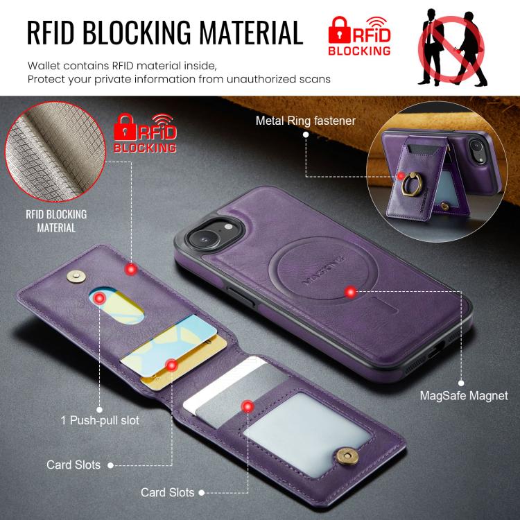 For iPhone 16e MAGKING K1 MagSafe Detachable Wallet RFID Back Cover Phone Case(Purple) - iPhone 16e Cases by MAGKING | Online Shopping UK | buy2fix