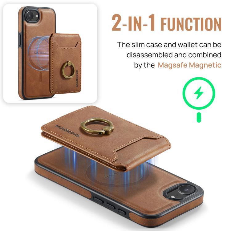 For iPhone 16e MAGKING K1 MagSafe Detachable Wallet RFID Back Cover Phone Case(Brown) - iPhone 16e Cases by MAGKING | Online Shopping UK | buy2fix