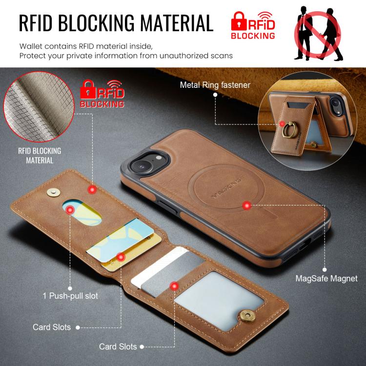For iPhone 16e MAGKING K1 MagSafe Detachable Wallet RFID Back Cover Phone Case(Brown) - iPhone 16e Cases by MAGKING | Online Shopping UK | buy2fix