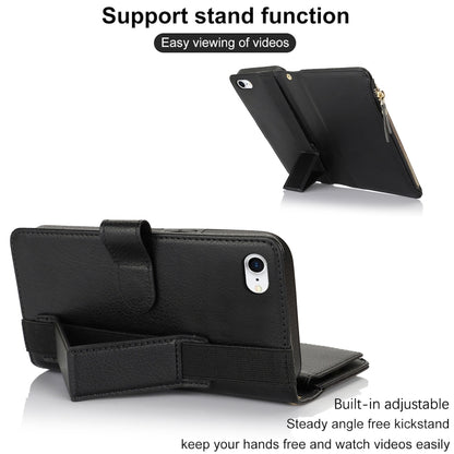 For iPhone SE 2022 / SE 2020 Wristband Holder Zipper Purse RFID Leather Phone Case(Black) - iPhone SE 2022 / 2020 / 8 / 7 Cases by buy2fix | Online Shopping UK | buy2fix