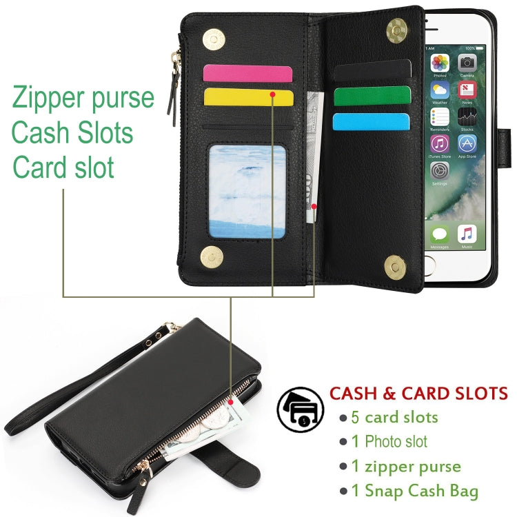 For iPhone SE 2022 / SE 2020 Wristband Holder Zipper Purse RFID Leather Phone Case(Black) - iPhone SE 2022 / 2020 / 8 / 7 Cases by buy2fix | Online Shopping UK | buy2fix