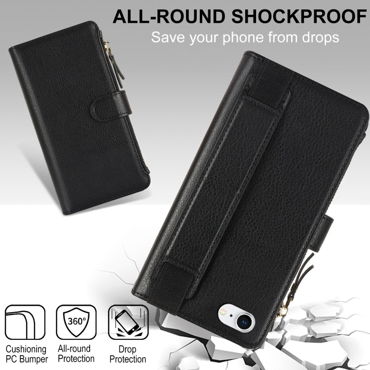 For iPhone SE 2022 / SE 2020 Wristband Holder Zipper Purse RFID Leather Phone Case(Black) - iPhone SE 2022 / 2020 / 8 / 7 Cases by buy2fix | Online Shopping UK | buy2fix