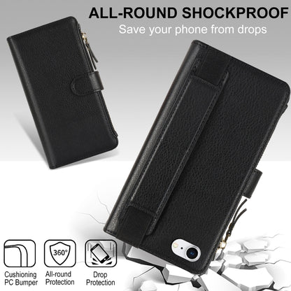 For iPhone SE 2022 / SE 2020 Wristband Holder Zipper Purse RFID Leather Phone Case(Black) - iPhone SE 2022 / 2020 / 8 / 7 Cases by buy2fix | Online Shopping UK | buy2fix