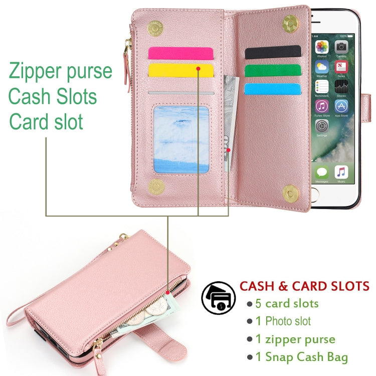 For iPhone SE 2022 / SE 2020 Wristband Holder Zipper Purse RFID Leather Phone Case(Rose Gold) - iPhone SE 2022 / 2020 / 8 / 7 Cases by buy2fix | Online Shopping UK | buy2fix