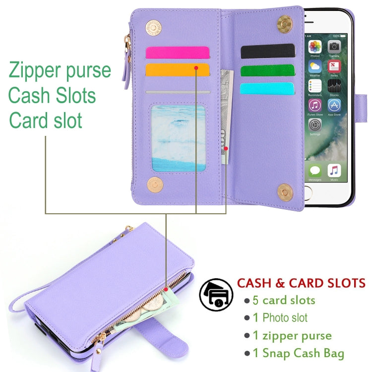 For iPhone SE 2022 / SE 2020 Wristband Holder Zipper Purse RFID Leather Phone Case(Purple) - iPhone SE 2022 / 2020 / 8 / 7 Cases by buy2fix | Online Shopping UK | buy2fix