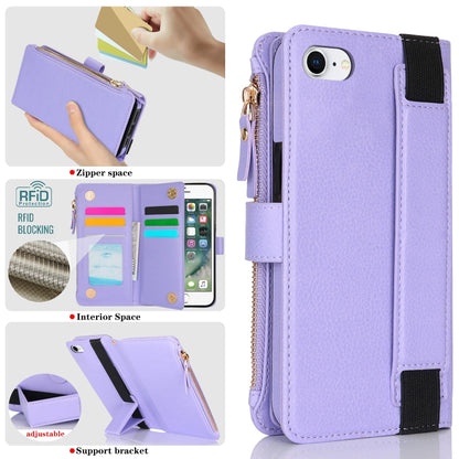 For iPhone SE 2022 / SE 2020 Wristband Holder Zipper Purse RFID Leather Phone Case(Purple) - iPhone SE 2022 / 2020 / 8 / 7 Cases by buy2fix | Online Shopping UK | buy2fix