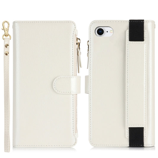 For iPhone SE 2022 / SE 2020 Wristband Holder Zipper Purse RFID Leather Phone Case(White) - iPhone SE 2022 / 2020 / 8 / 7 Cases by buy2fix | Online Shopping UK | buy2fix