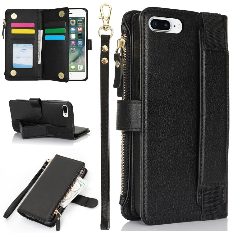 For iPhone 8 Plus / 7 Plus Wristband Holder Zipper Purse RFID Leather Phone Case(Black) - More iPhone Cases by buy2fix | Online Shopping UK | buy2fix