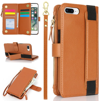 For iPhone 8 Plus / 7 Plus Wristband Holder Zipper Purse RFID Leather Phone Case(Brown) - More iPhone Cases by buy2fix | Online Shopping UK | buy2fix