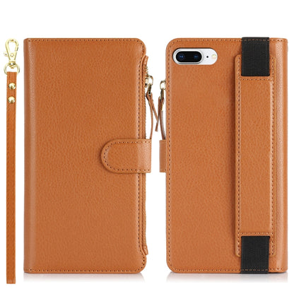 For iPhone 8 Plus / 7 Plus Wristband Holder Zipper Purse RFID Leather Phone Case(Brown) - More iPhone Cases by buy2fix | Online Shopping UK | buy2fix