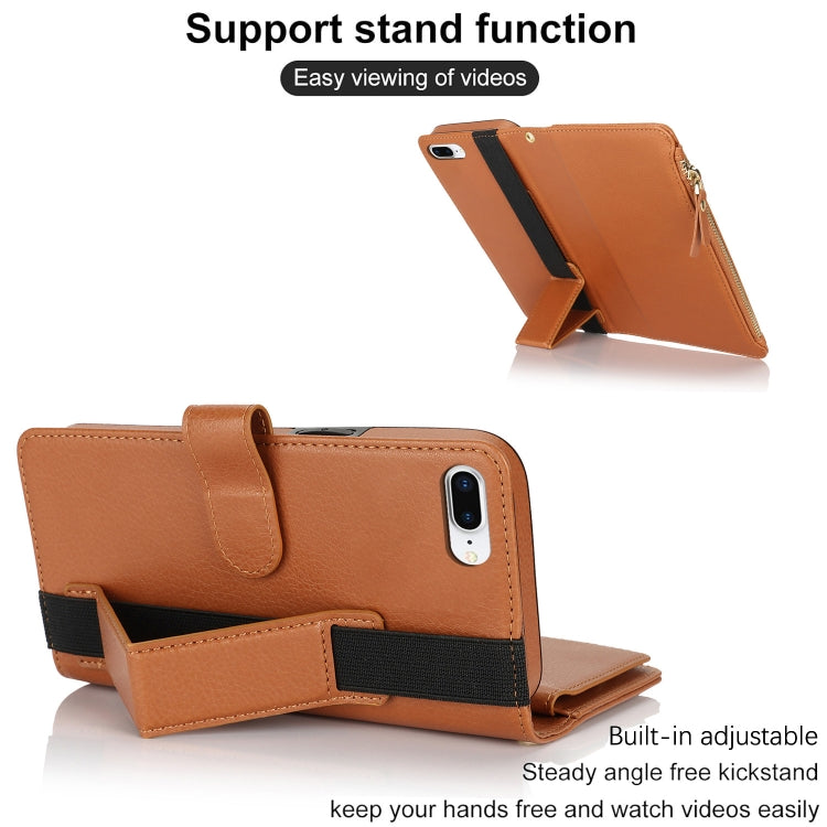 For iPhone 8 Plus / 7 Plus Wristband Holder Zipper Purse RFID Leather Phone Case(Brown) - More iPhone Cases by buy2fix | Online Shopping UK | buy2fix