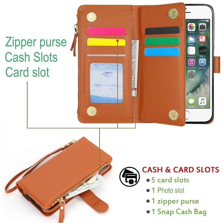 For iPhone 8 Plus / 7 Plus Wristband Holder Zipper Purse RFID Leather Phone Case(Brown) - More iPhone Cases by buy2fix | Online Shopping UK | buy2fix