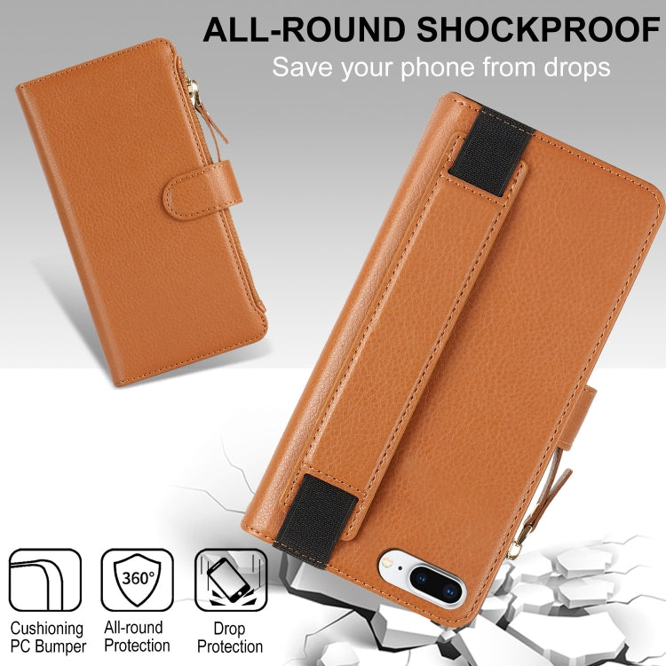 For iPhone 8 Plus / 7 Plus Wristband Holder Zipper Purse RFID Leather Phone Case(Brown) - More iPhone Cases by buy2fix | Online Shopping UK | buy2fix