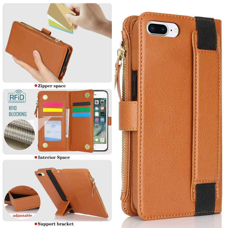 For iPhone 8 Plus / 7 Plus Wristband Holder Zipper Purse RFID Leather Phone Case(Brown) - More iPhone Cases by buy2fix | Online Shopping UK | buy2fix