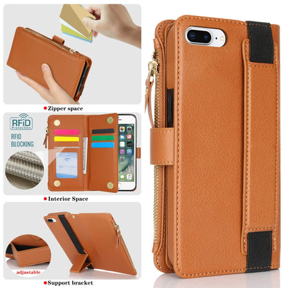 For iPhone 8 Plus / 7 Plus Wristband Holder Zipper Purse RFID Leather Phone Case(Brown) - More iPhone Cases by buy2fix | Online Shopping UK | buy2fix