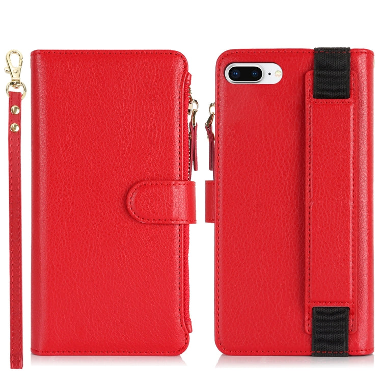 For iPhone 8 Plus / 7 Plus Wristband Holder Zipper Purse RFID Leather Phone Case(Red) - More iPhone Cases by buy2fix | Online Shopping UK | buy2fix