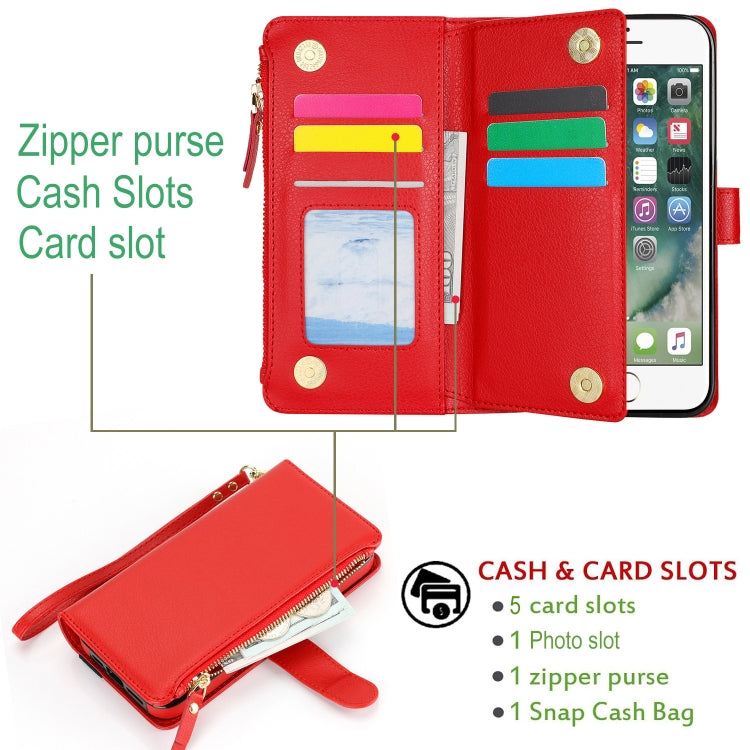 For iPhone 8 Plus / 7 Plus Wristband Holder Zipper Purse RFID Leather Phone Case(Red) - More iPhone Cases by buy2fix | Online Shopping UK | buy2fix