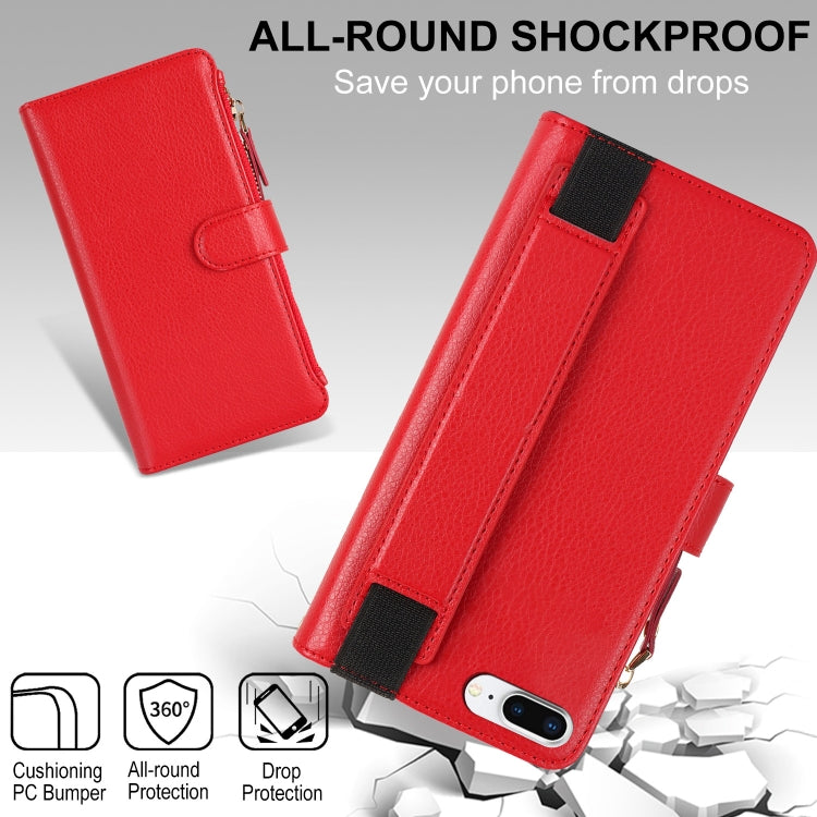 For iPhone 8 Plus / 7 Plus Wristband Holder Zipper Purse RFID Leather Phone Case(Red) - More iPhone Cases by buy2fix | Online Shopping UK | buy2fix
