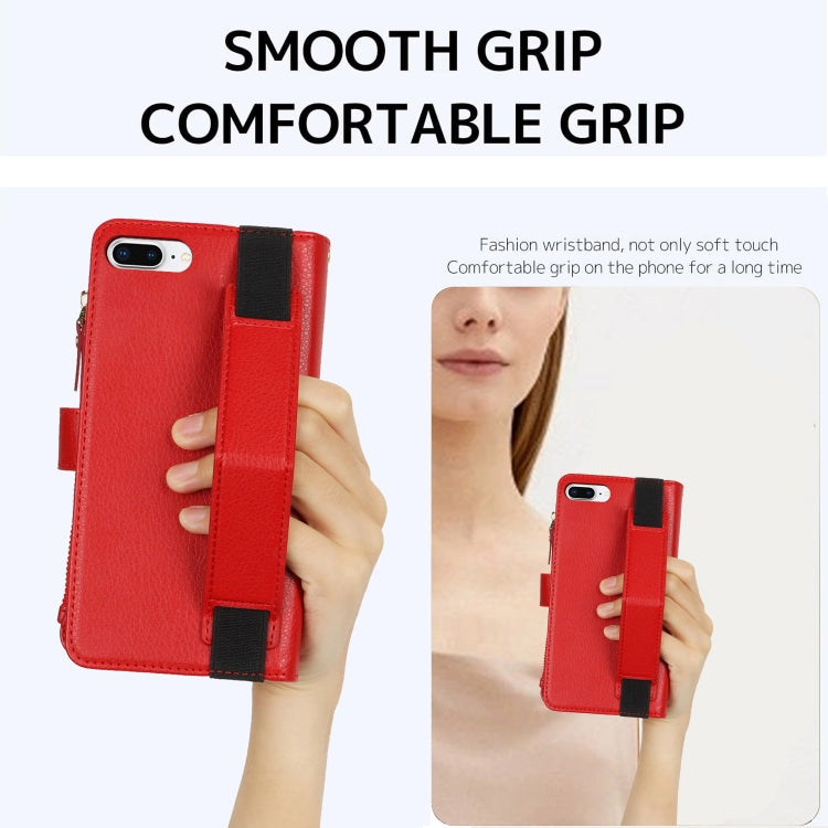 For iPhone 8 Plus / 7 Plus Wristband Holder Zipper Purse RFID Leather Phone Case(Red) - More iPhone Cases by buy2fix | Online Shopping UK | buy2fix