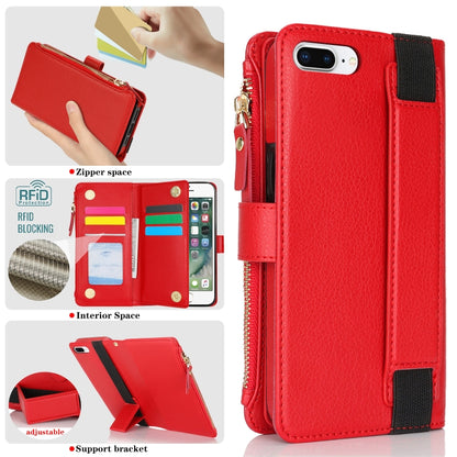 For iPhone 8 Plus / 7 Plus Wristband Holder Zipper Purse RFID Leather Phone Case(Red) - More iPhone Cases by buy2fix | Online Shopping UK | buy2fix