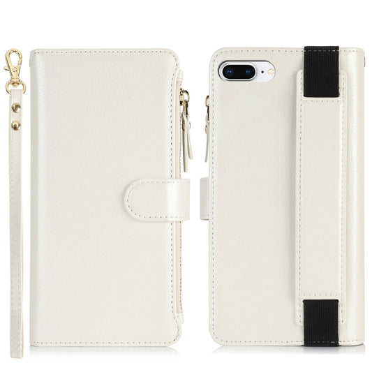 For iPhone 8 Plus / 7 Plus Wristband Holder Zipper Purse RFID Leather Phone Case(White) - More iPhone Cases by buy2fix | Online Shopping UK | buy2fix