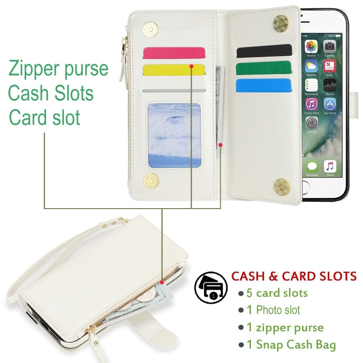 For iPhone 8 Plus / 7 Plus Wristband Holder Zipper Purse RFID Leather Phone Case(White) - More iPhone Cases by buy2fix | Online Shopping UK | buy2fix