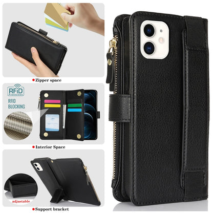 For iPhone 11 Wristband Holder Zipper Purse RFID Leather Phone Case(Black) - iPhone 11 Cases by buy2fix | Online Shopping UK | buy2fix