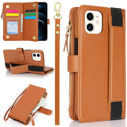 For iPhone 11 Wristband Holder Zipper Purse RFID Leather Phone Case(Brown) - iPhone 11 Cases by buy2fix | Online Shopping UK | buy2fix