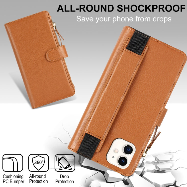 For iPhone 11 Wristband Holder Zipper Purse RFID Leather Phone Case(Brown) - iPhone 11 Cases by buy2fix | Online Shopping UK | buy2fix