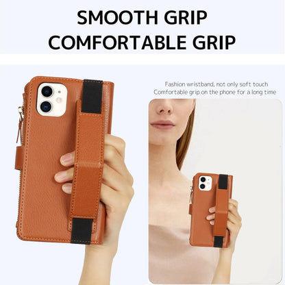 For iPhone 11 Wristband Holder Zipper Purse RFID Leather Phone Case(Brown) - iPhone 11 Cases by buy2fix | Online Shopping UK | buy2fix