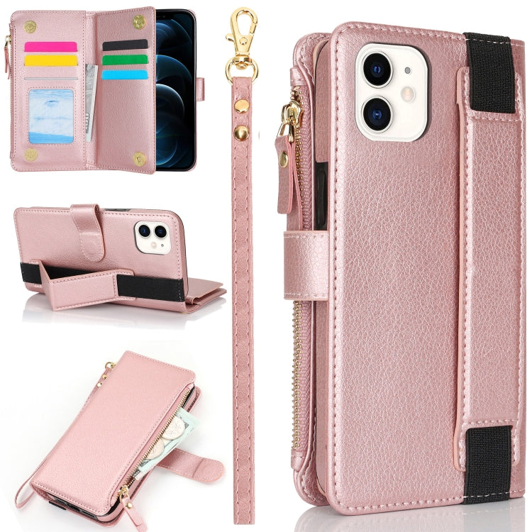 For iPhone 11 Wristband Holder Zipper Purse RFID Leather Phone Case(Rose Gold) - iPhone 11 Cases by buy2fix | Online Shopping UK | buy2fix