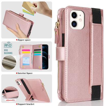 For iPhone 11 Wristband Holder Zipper Purse RFID Leather Phone Case(Rose Gold) - iPhone 11 Cases by buy2fix | Online Shopping UK | buy2fix