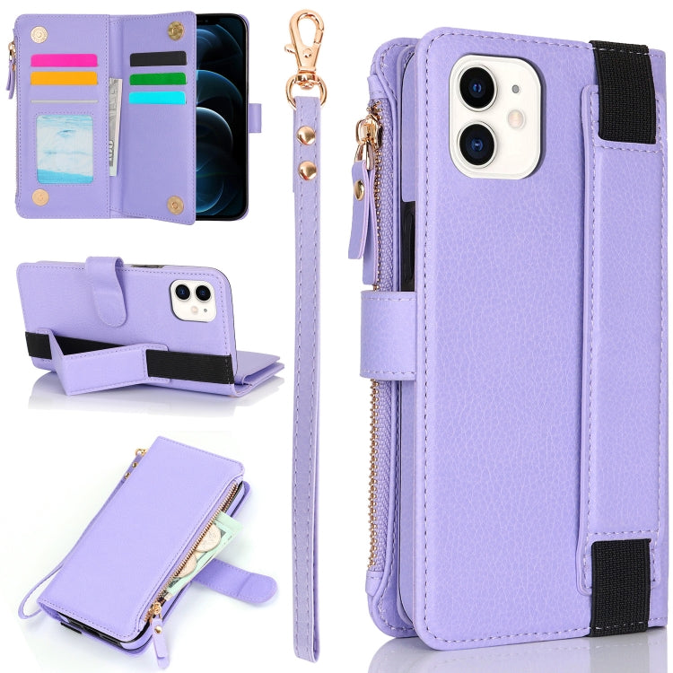 For iPhone 11 Wristband Holder Zipper Purse RFID Leather Phone Case(Purple) - iPhone 11 Cases by buy2fix | Online Shopping UK | buy2fix