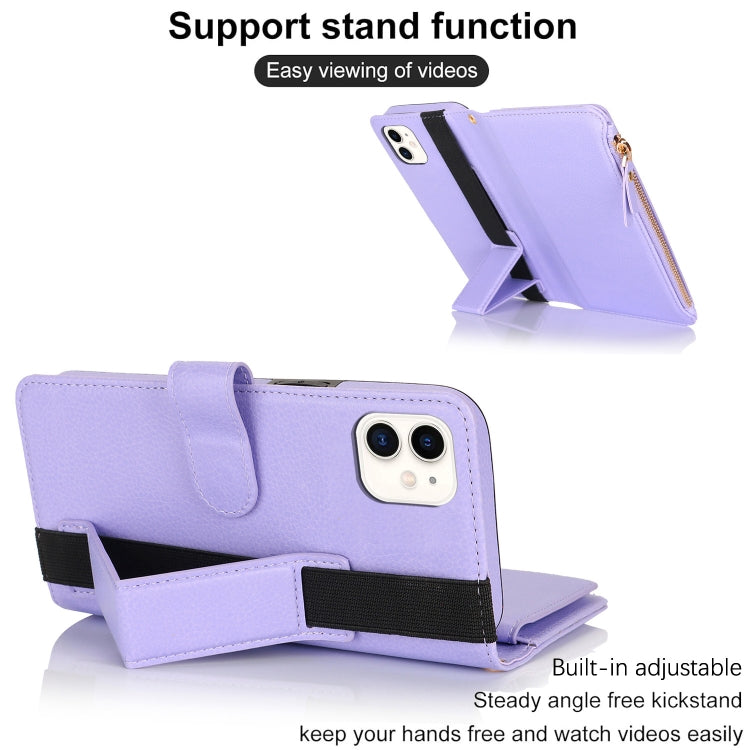 For iPhone 11 Wristband Holder Zipper Purse RFID Leather Phone Case(Purple) - iPhone 11 Cases by buy2fix | Online Shopping UK | buy2fix