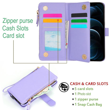 For iPhone 11 Wristband Holder Zipper Purse RFID Leather Phone Case(Purple) - iPhone 11 Cases by buy2fix | Online Shopping UK | buy2fix