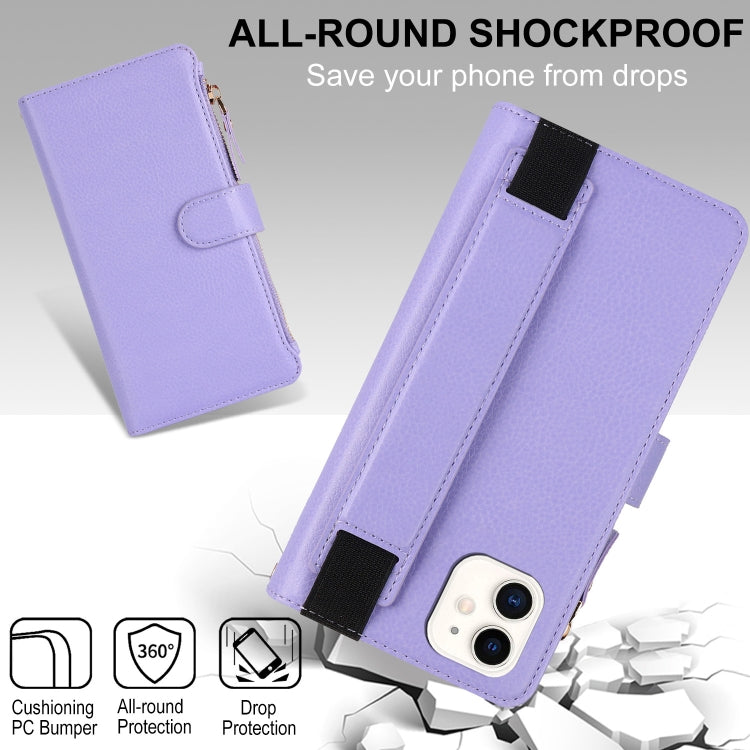 For iPhone 11 Wristband Holder Zipper Purse RFID Leather Phone Case(Purple) - iPhone 11 Cases by buy2fix | Online Shopping UK | buy2fix