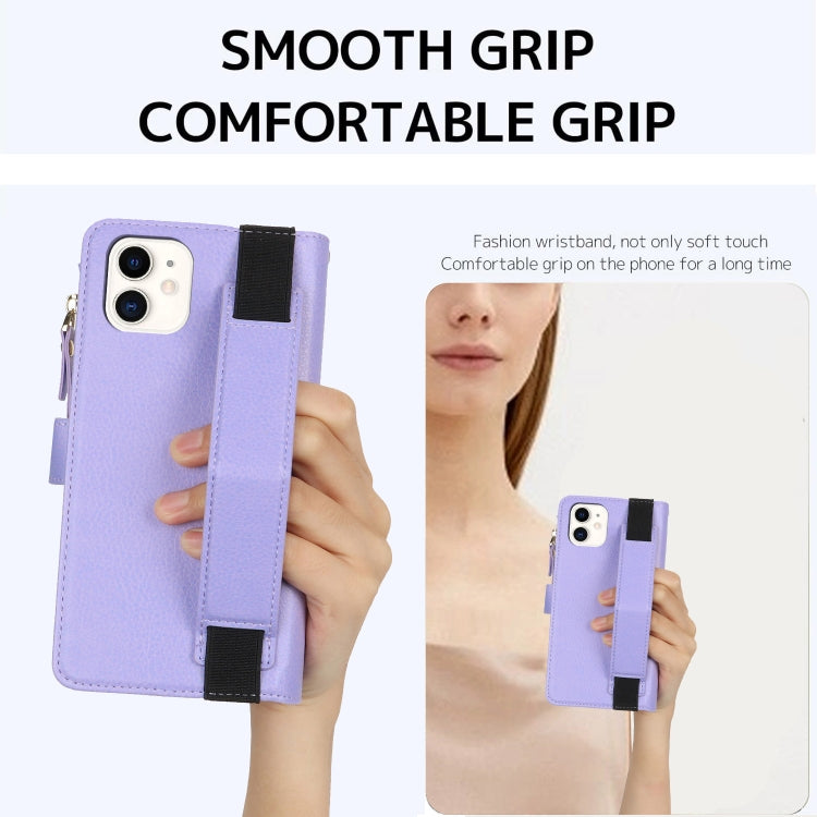 For iPhone 11 Wristband Holder Zipper Purse RFID Leather Phone Case(Purple) - iPhone 11 Cases by buy2fix | Online Shopping UK | buy2fix