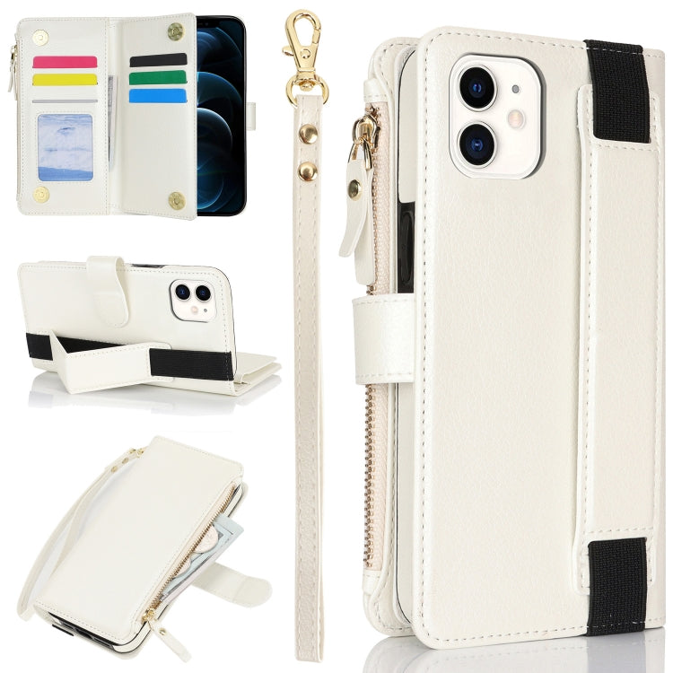 For iPhone 11 Wristband Holder Zipper Purse RFID Leather Phone Case(White) - iPhone 11 Cases by buy2fix | Online Shopping UK | buy2fix